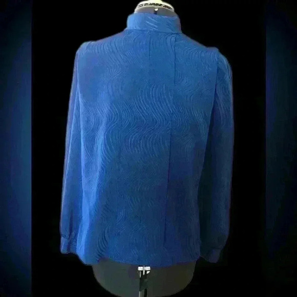 VTG 80s Blue Polyester Front Pleated Long Sleeve High Collar Blouse Women Large - Picture 1 of 9